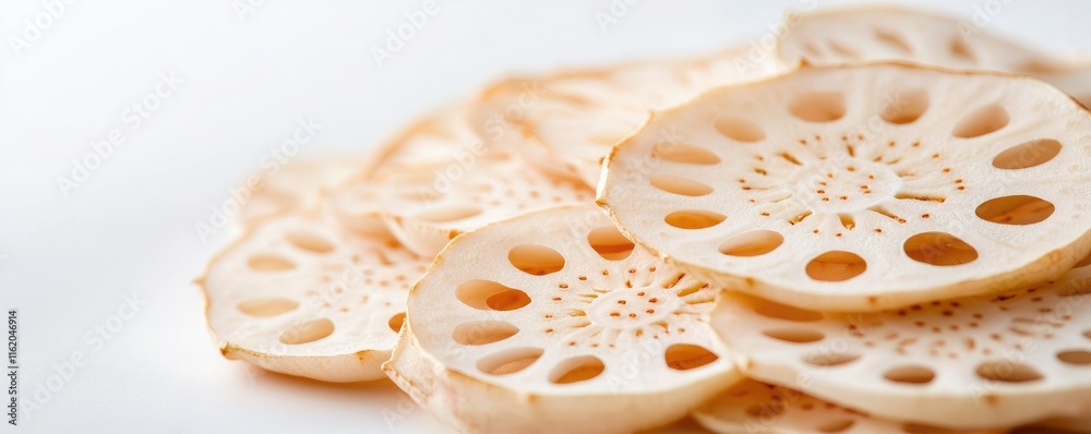A close-up of thin, circular slices of lotus root showcasing their distinct holes and pale color against a white background. A close-up of thin, circular slices of lotus root showcasing their distinct holes and pale color against a white background.