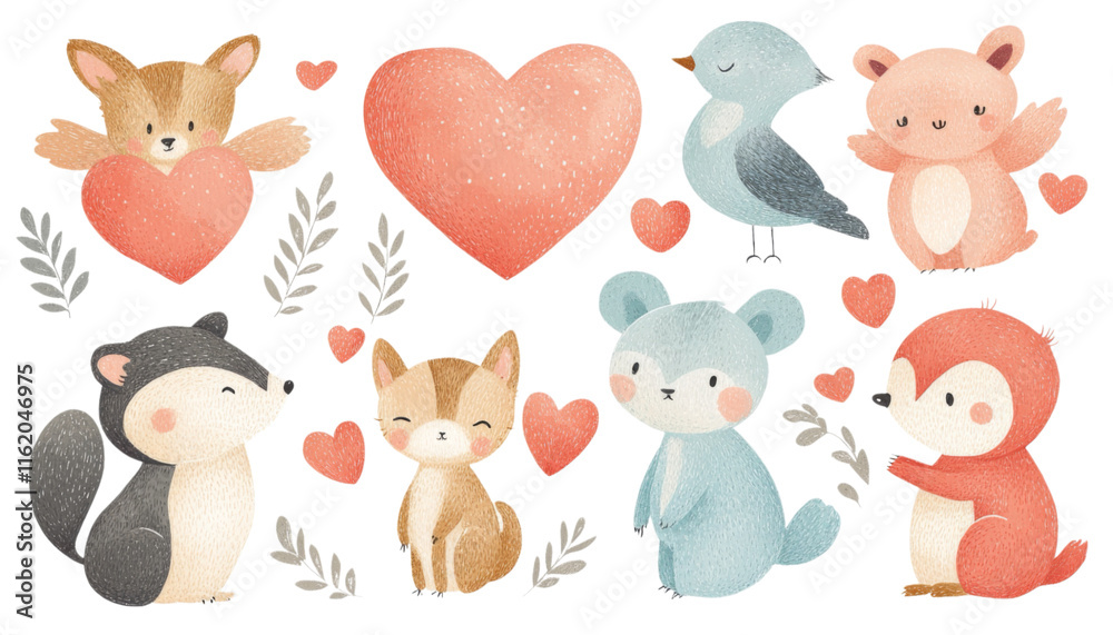 Obraz premium Cute Cartoon Woodland Animals with Hearts and Leaves in Pastel Colors on White Background