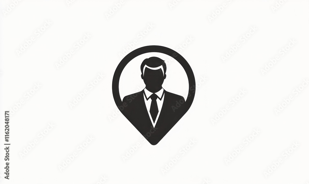 Simple black icon of a businessman in a suit inside a location pin. Simple black icon of a businessman in a suit inside a location pin.