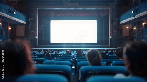 A movie theater showcases a large screen with people