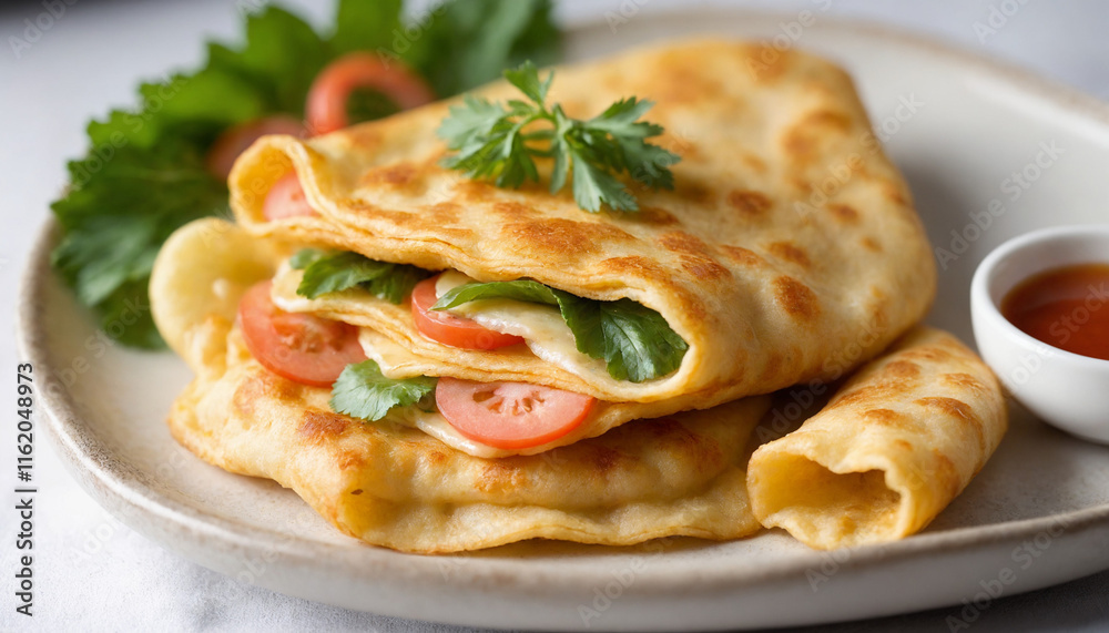 Vietnamese Pancakes Stuffed with Vegetables and Tomatoes Close-up Food Photography Vietnamese Pancakes Stuffed with Vegetables and Tomatoes Close-up Food Photography