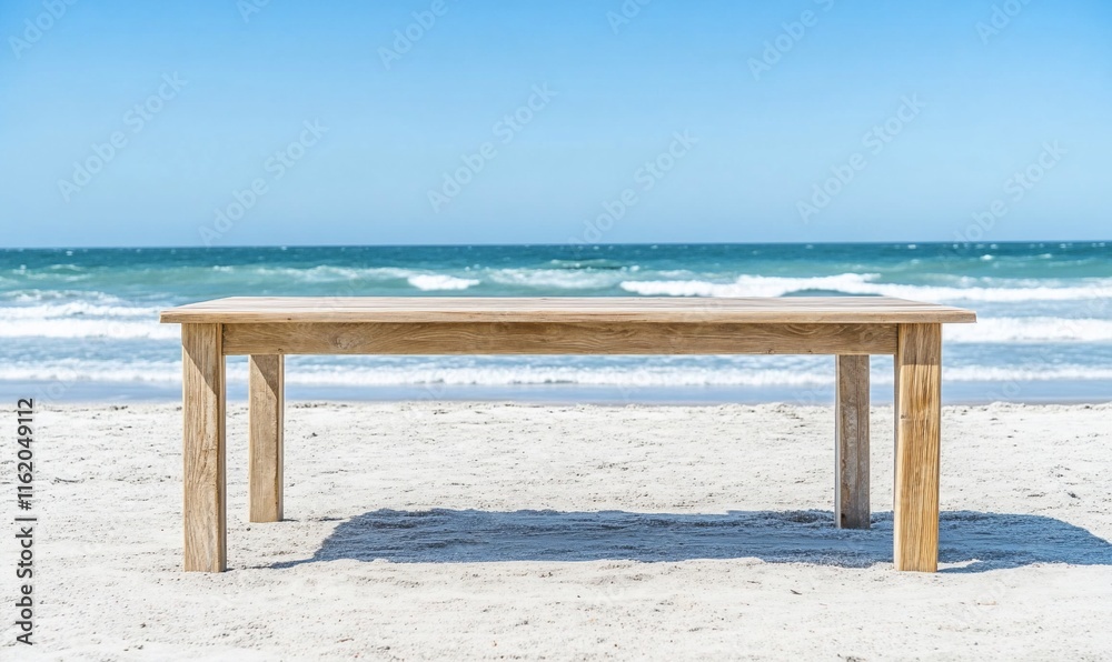A wooden table on a beach with ocean waves in the background. A wooden table on a beach with ocean waves in the background.