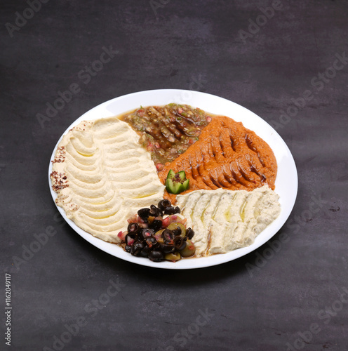 Mixed Hummus large platter plate with olive oil, mutabel, tahini, tzaziki and babaganosh photo