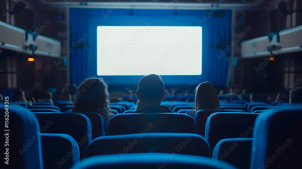 A movie theater showcases a large screen with people A movie theater showcases a large screen with people