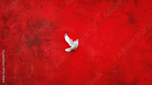 Solid deep red background with a tiny white dove motif in the center. photo