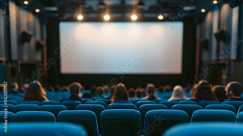 A movie theater showcases a large screen with people