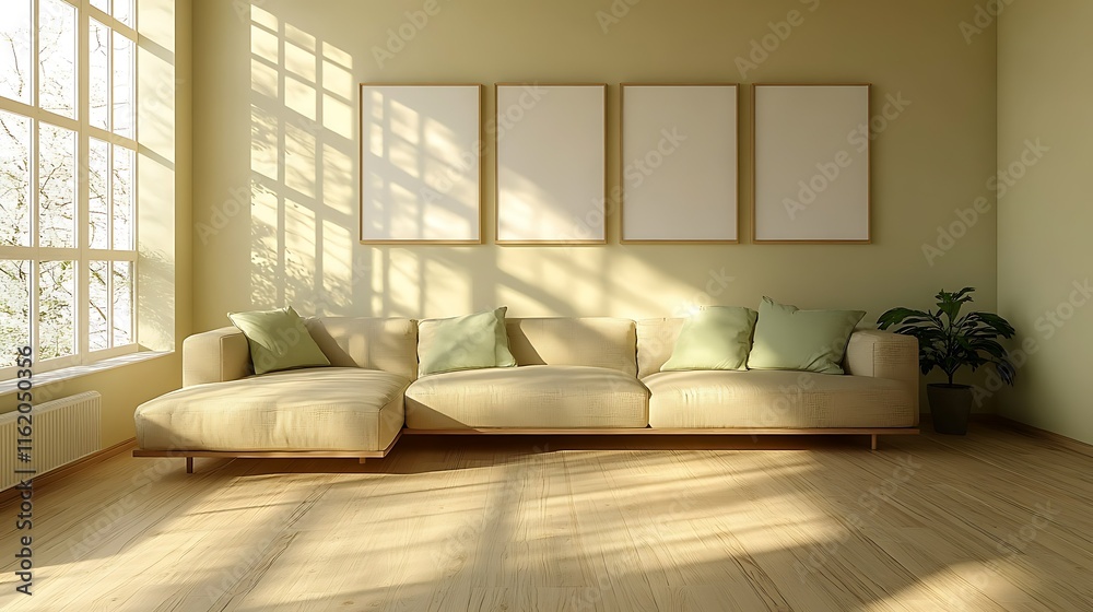 Fototapeta premium Sunlit living room with beige sectional sofa, four empty frames, and large window.
