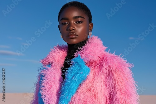 Stylish young woman in pink and blue fluffy coat posing against a blue sky