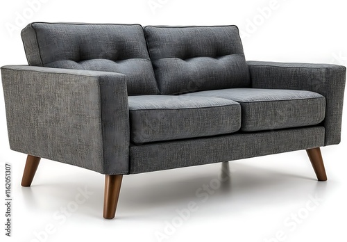Modern gray fabric loveseat with wooden legs on white background.