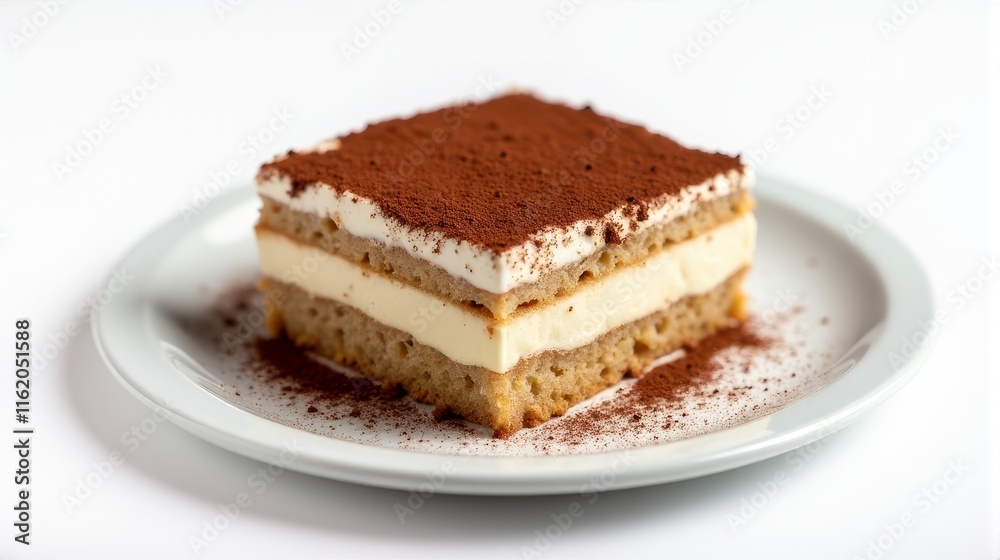 Delicious Slice of Tiramisu on a White Plate in a Studio Shot. Delicious Slice of Tiramisu on a White Plate in a Studio Shot.