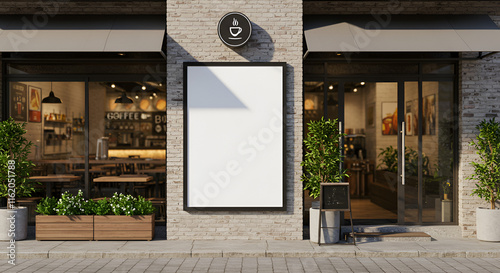 empty billboard blank poster awaits its next advertisement outside a modern coffee shop, inviting passersby to imagine the possibilities.