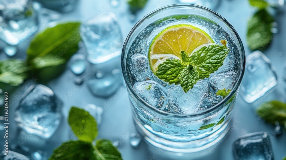 Refreshing lime and mint infused water with ice. Refreshing lime and mint infused water with ice.