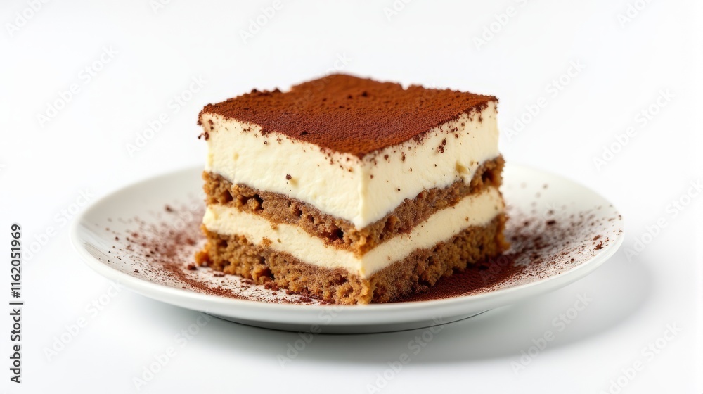 Delicious Slice of Tiramisu on a White Plate in a Studio Shot. Delicious Slice of Tiramisu on a White Plate in a Studio Shot.