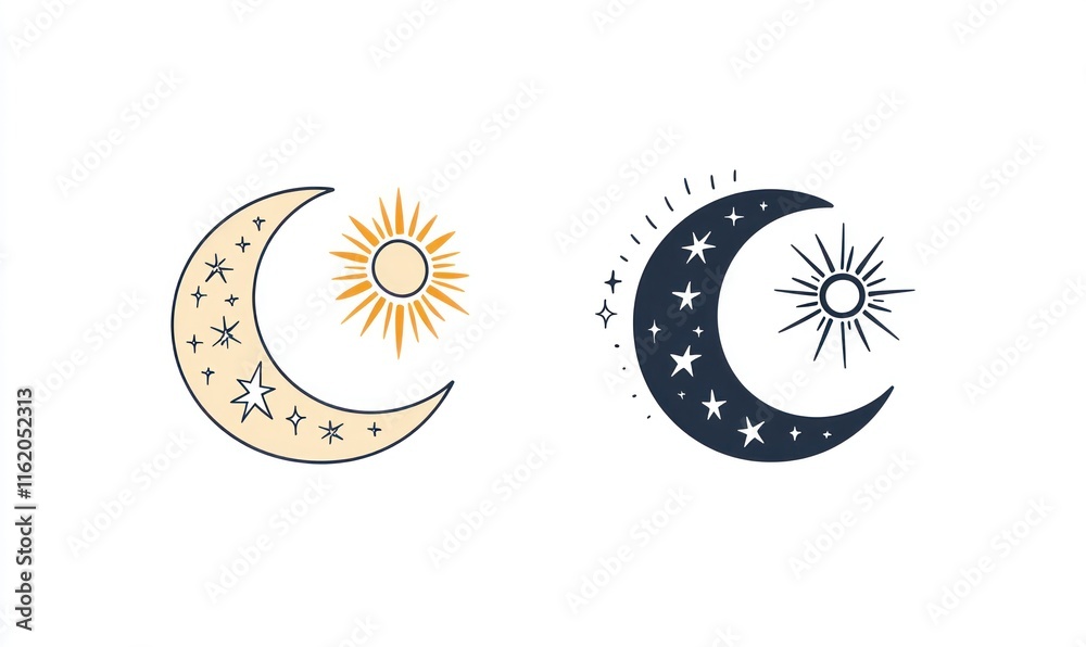 Sun and moon celestial illustrations. Sun and moon celestial illustrations.