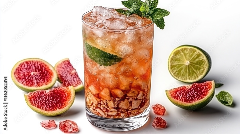 Refreshing fig and lime iced drink in a glass with ice, garnished with mint.