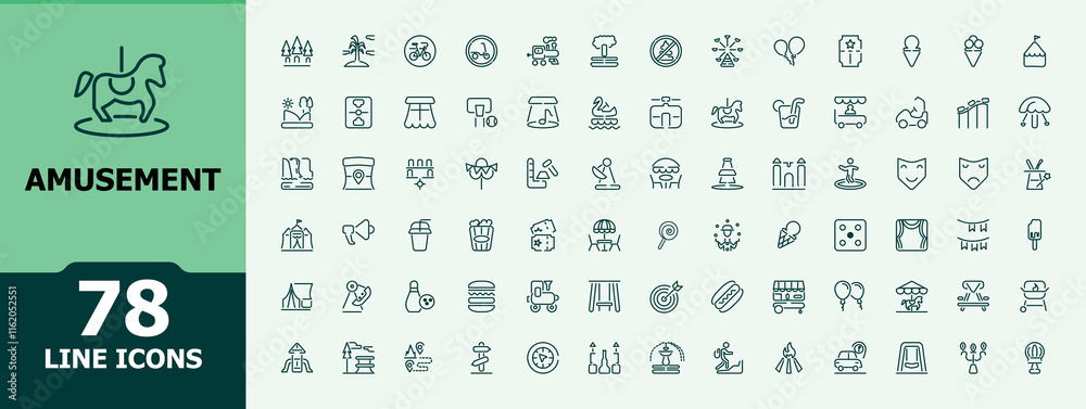 Amusement icon set. Includes thin line fun, magic, child, play, attraction, balloon, wheel and more. Set of minimalist line pictogram. Editable stroke. Vector illustration. Amusement icon set. Includes thin line fun, magic, child, play, attraction, balloon, wheel and more. Set of minimalist line pictogram. Editable stroke. Vector illustration.