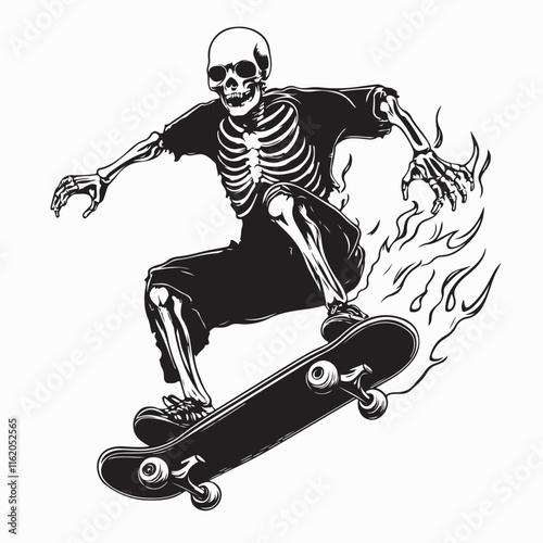 Skeleton riding skateboard with flames vector Stock Illustration Design on white background.