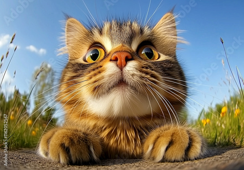 A cat with its head up and looking at the camera. The cat has yellow eyes and a brown and white fur coat