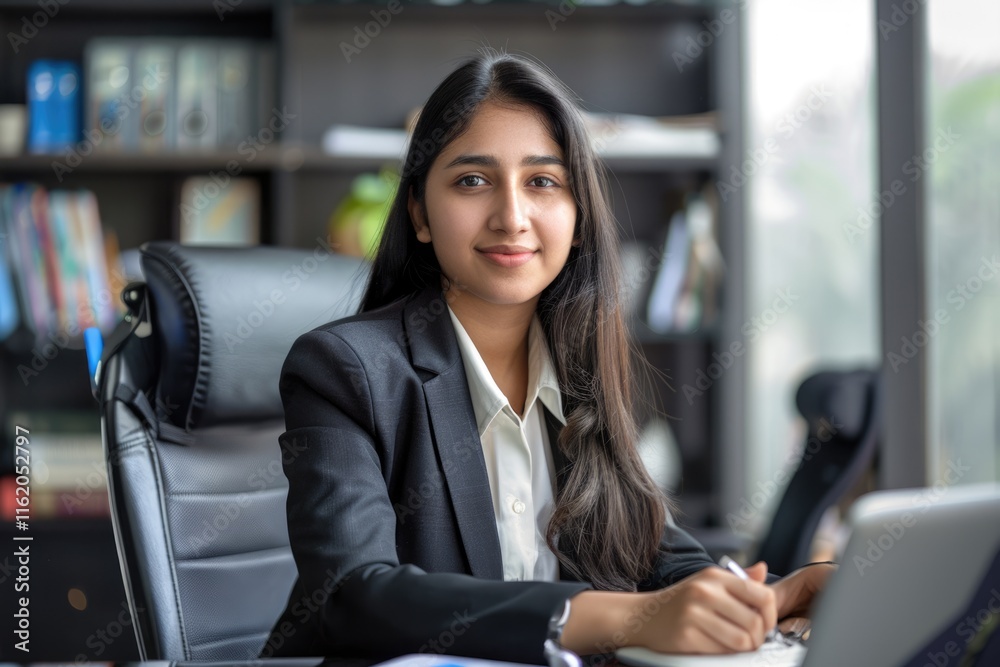 Confident young Indian woman professional at office desk. Confident young Indian woman professional at office desk.