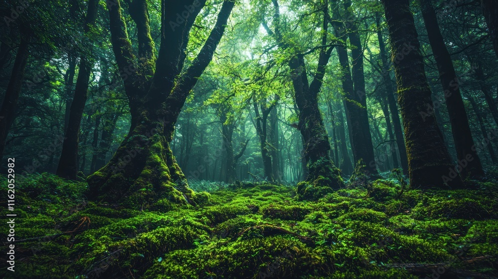 A dense forest with towering, otherworldly trees covered in glowing moss, creating a magical atmosphere