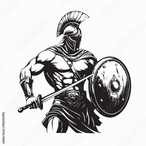 Spartan Soldier Vector Image. Spartan Warrior Silhouette Holding Shield And Sword image vector.