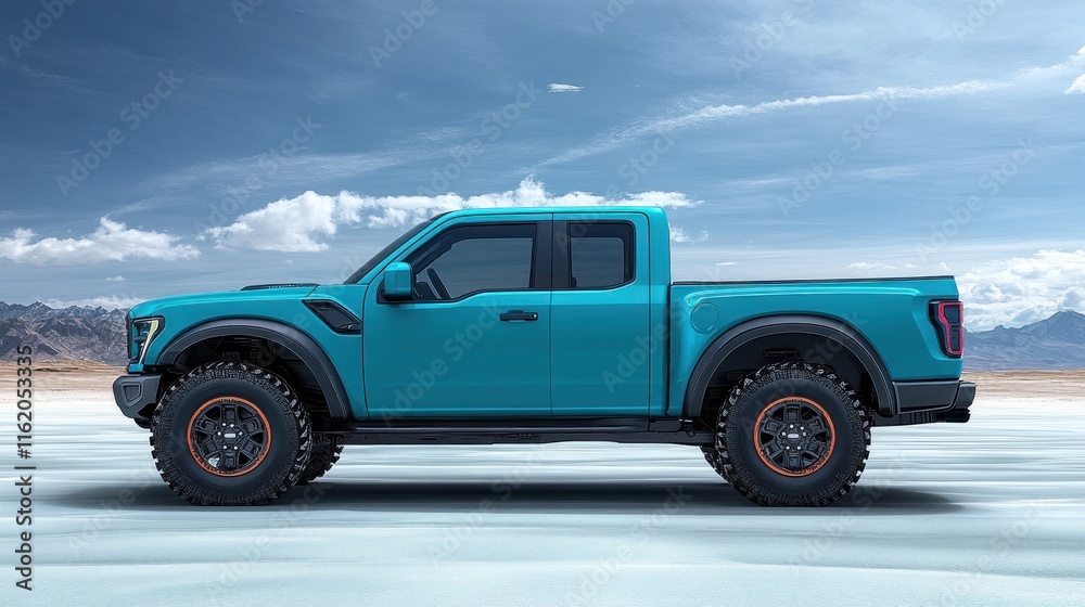 Teal pickup truck on a snowy landscape against a dramatic sky. Teal pickup truck on a snowy landscape against a dramatic sky.