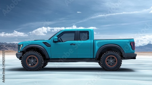 Teal pickup truck on a snowy landscape against a dramatic sky.