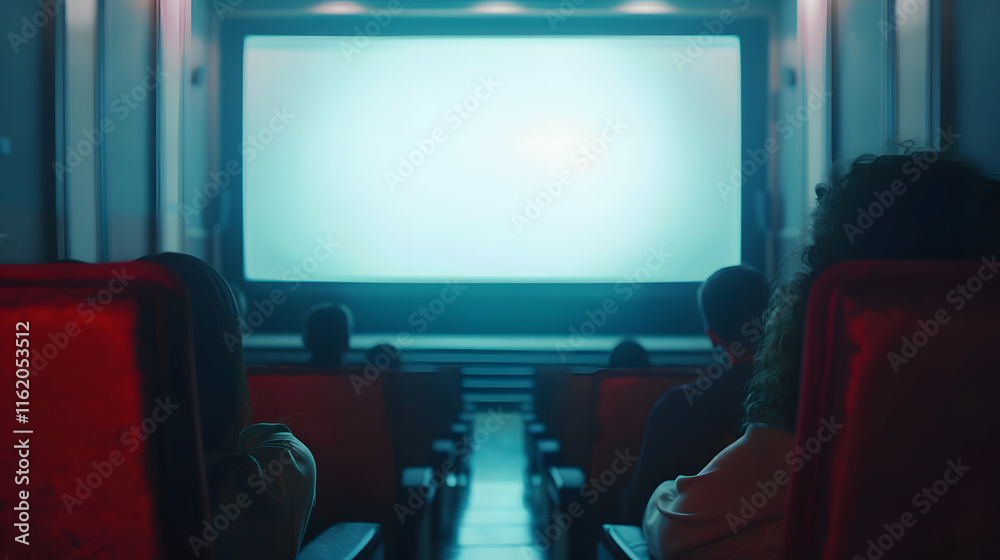 A movie theater showcases a large screen with people A movie theater showcases a large screen with people