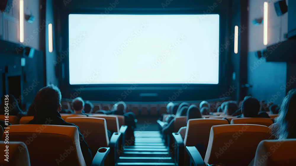 A movie theater showcases a large screen with people