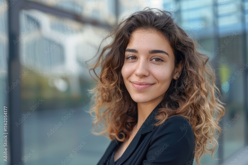 Outoor portrait of a beautiful smiling young business woman with modern building as background. Outoor portrait of a beautiful smiling young business woman with modern building as background.
