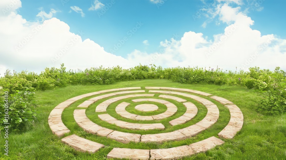Circular Stone Maze in a Green Meadow Under Blue Sky Circular Stone Maze in a Green Meadow Under Blue Sky