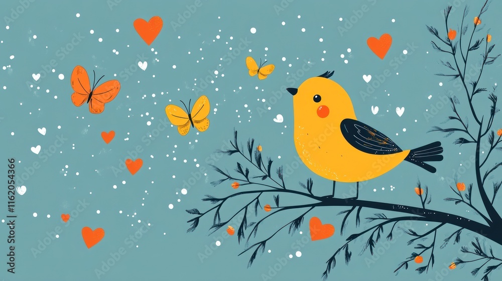 Fototapeta premium Cute yellow bird on branch with hearts and butterflies.