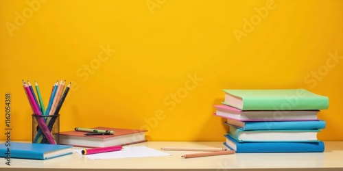 Vibrant Colored Books and Pencils Arranged on a Desk Against a Sunny Yellow Background