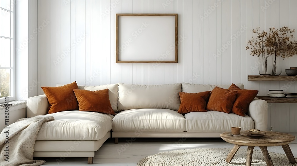 Fototapeta premium Modern living room interior with beige sectional sofa, wooden coffee table, and blank frame on white wall.