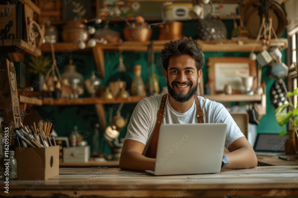 Portrait of happy young Indian atelier owner working on laptop Portrait of happy young Indian atelier owner working on laptop