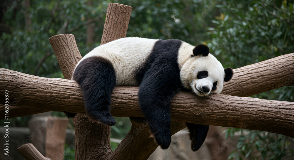Obraz premium Lazy Panda Bear Sleeping on a Tree Branch, 