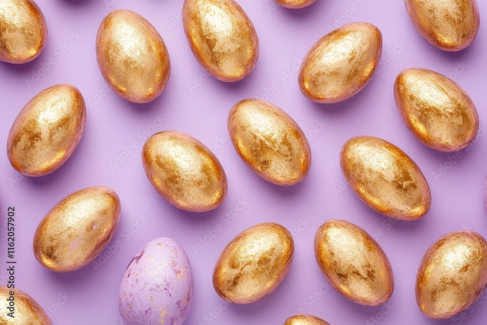 Golden and lavender easter eggs arranged on pastel purple surface during spring celebration Golden and lavender easter eggs arranged on pastel purple surface during spring celebration