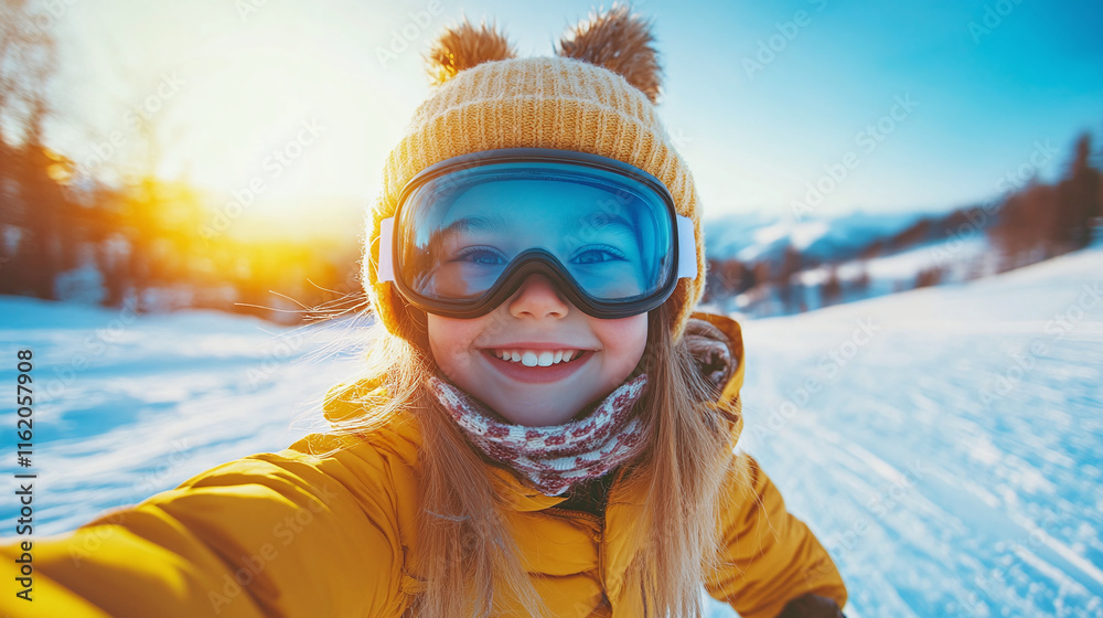 Happy little girl in winter clothes and glasses taking selfie at ski resort on sunny day Happy little girl in winter clothes and glasses taking selfie at ski resort on sunny day