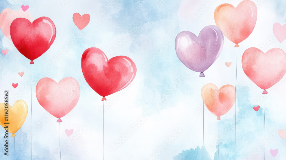 Valentine day celebration concept. Heart shaped balloons floating in dreamy sky with soft pastel colors Valentine day celebration concept. Heart shaped balloons floating in dreamy sky with soft pastel colors
