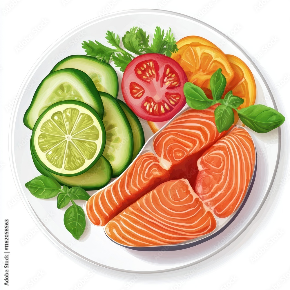 Fresh salmon fillet served with cucumber, tomato, lime, orange, and herbs on a white plate. Fresh salmon fillet served with cucumber, tomato, lime, orange, and herbs on a white plate.