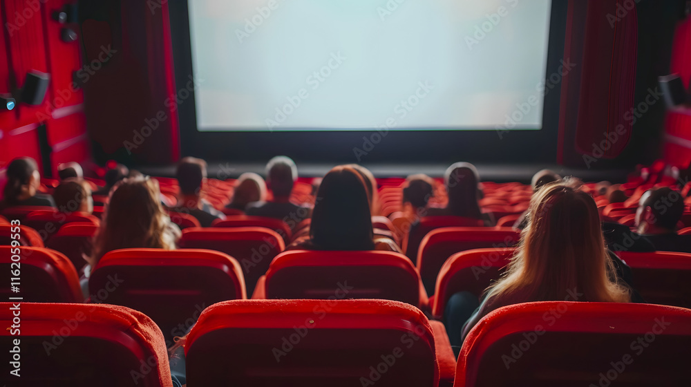 A movie theater showcases a large empty screen with audience A movie theater showcases a large empty screen with audience