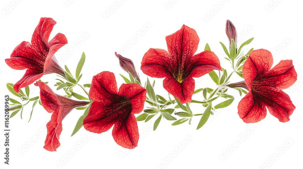Fototapeta premium A stunning red petunia flower isolated on a transparent background, showcasing its vibrant red petals and delicate nature. Perfect for any floral design or nature-themed project.