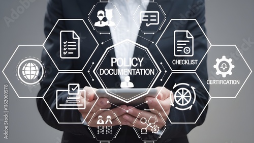 Policy documentation and compliance concept. A person reviews digital documents labeled Policies with icons, checklist, certification and financial detail.