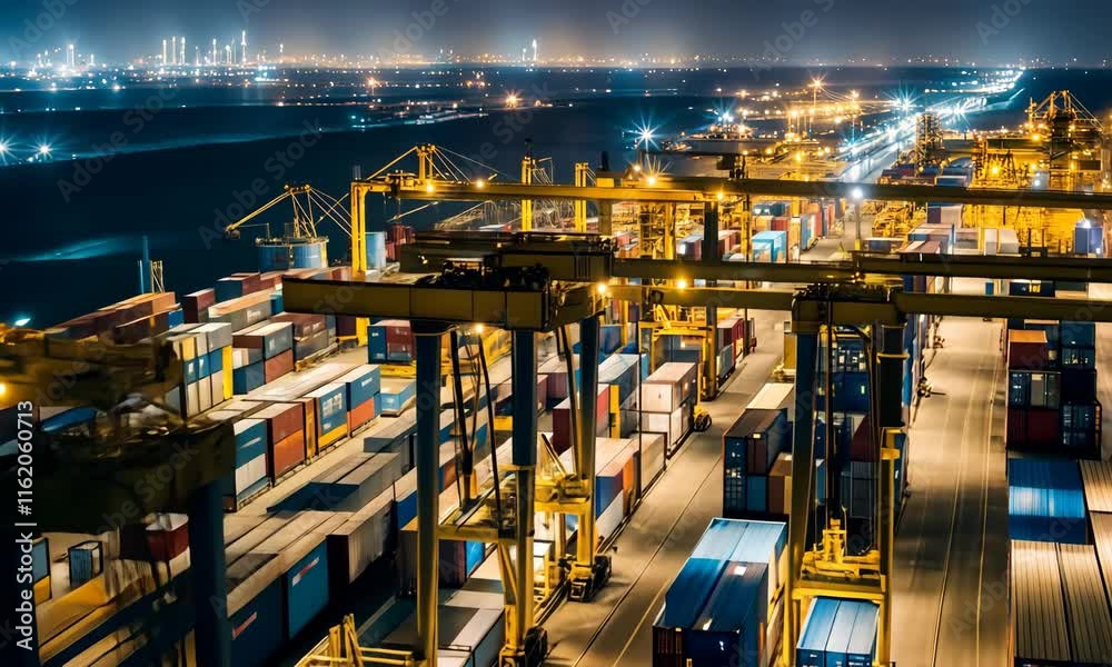 Containers piled up at the dock at night Containers piled up at the dock at night