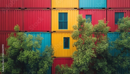 A striking contrast of neoncolored shipping containers beside abundant trees, symbolizing the ongoing tension between environmental conservation and industrial expansion photo