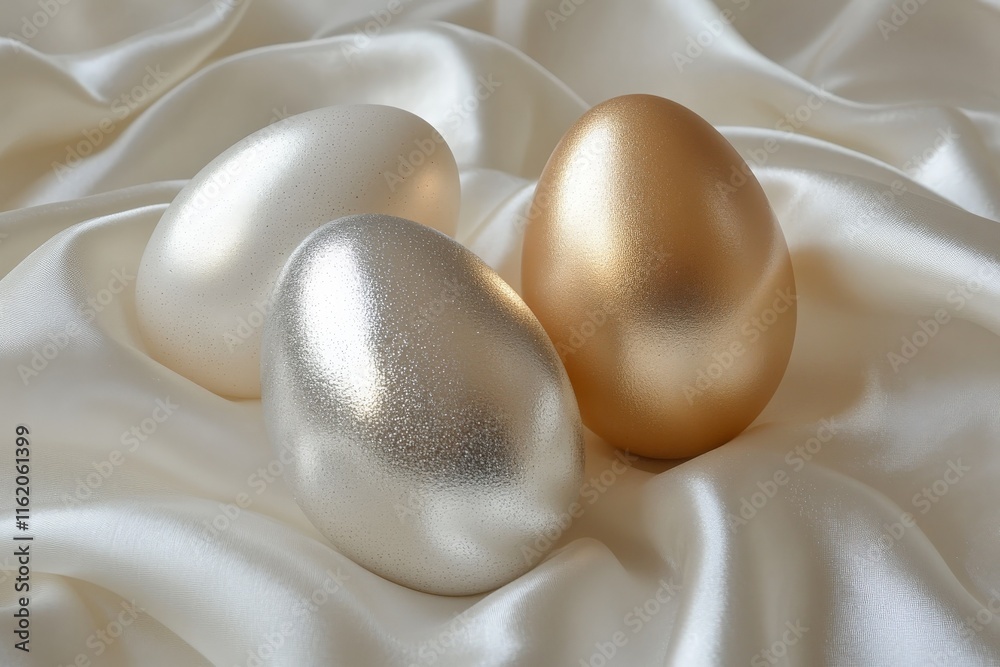 Shiny gold and silver decorative eggs resting on soft fabric Shiny gold and silver decorative eggs resting on soft fabric