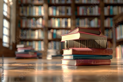 Books stacked in library with blurred bookshelf background.