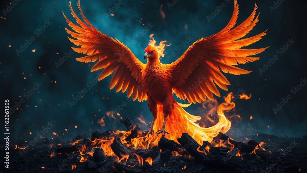 Obraz premium Fiery Phoenix Rising: Symbol of Rebirth and Transformation