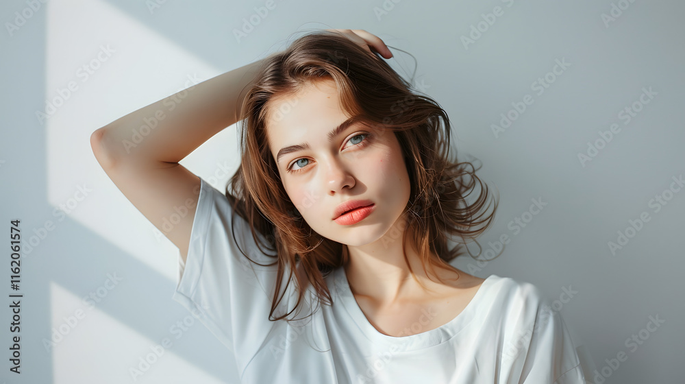 Pretty joyfully female with fair hair, dressed casually, looking at camera. Studio shot of good-looking beautiful woman isolated against blank studio wall. Pretty joyfully female with fair hair, dressed casually, looking at camera. Studio shot of good-looking beautiful woman isolated against blank studio wall.