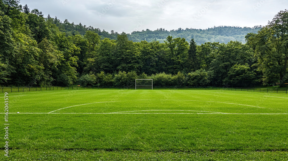 Empty Football Field, Wide Open Space with Well-Maintained Grass, Goalposts at Both Ends, Clear Sky Above, Calm and Quiet Stadium Setting, Perfect for Sports, Athletics, and Outdoor Recreation Themes Empty Football Field, Wide Open Space with Well-Maintained Grass, Goalposts at Both Ends, Clear Sky Above, Calm and Quiet Stadium Setting, Perfect for Sports, Athletics, and Outdoor Recreation Themes